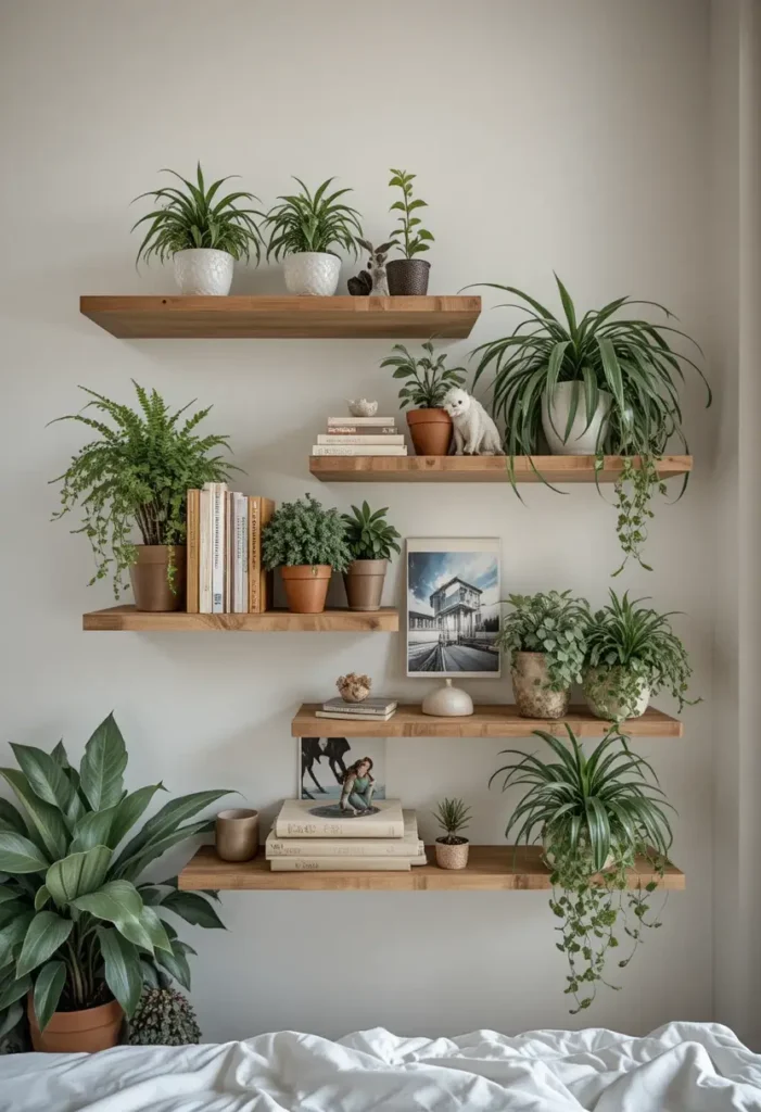 Floating wooden shelves displaying books and plants on bedroom wall.