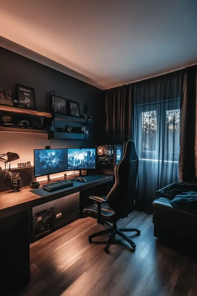 Dark mode gaming den with blackout curtains and ambient LED lighting