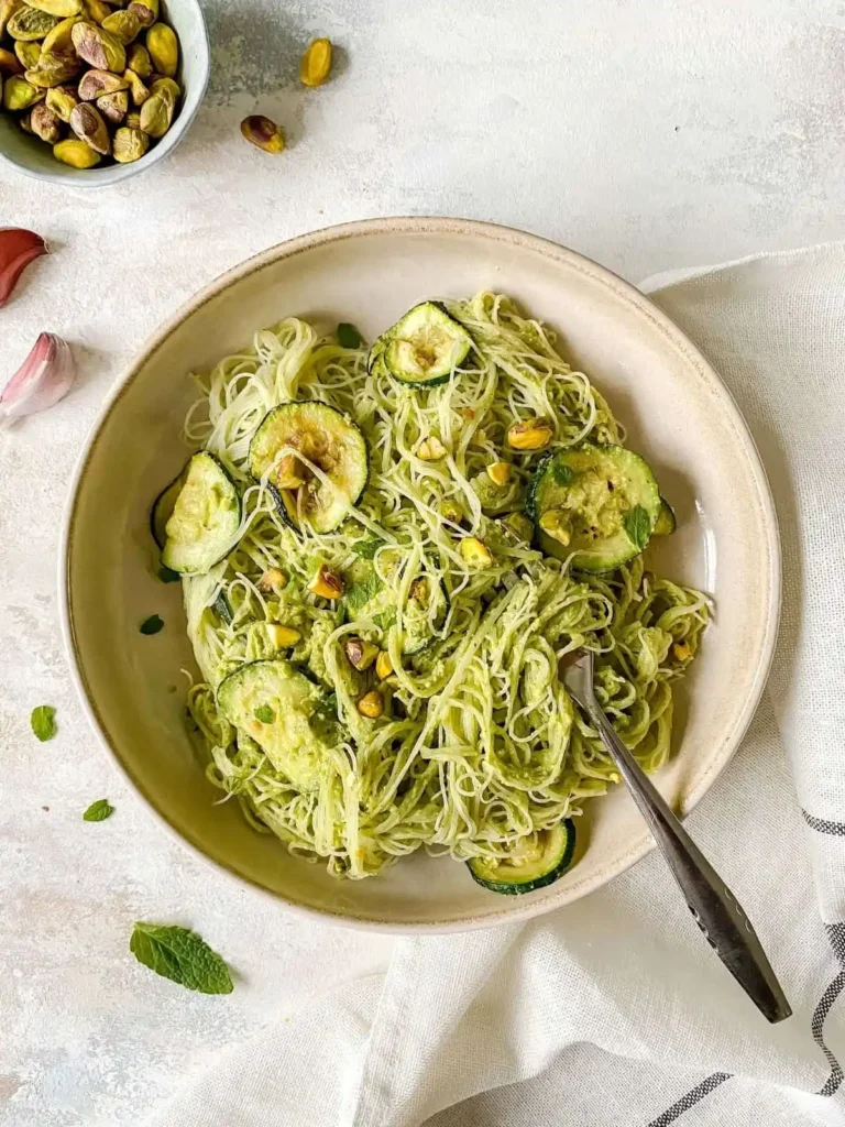 Pistachio Zucchini and Mint Rice Noodles