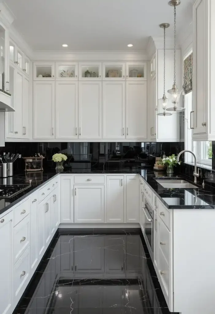 Glossy black countertops with white cabinets