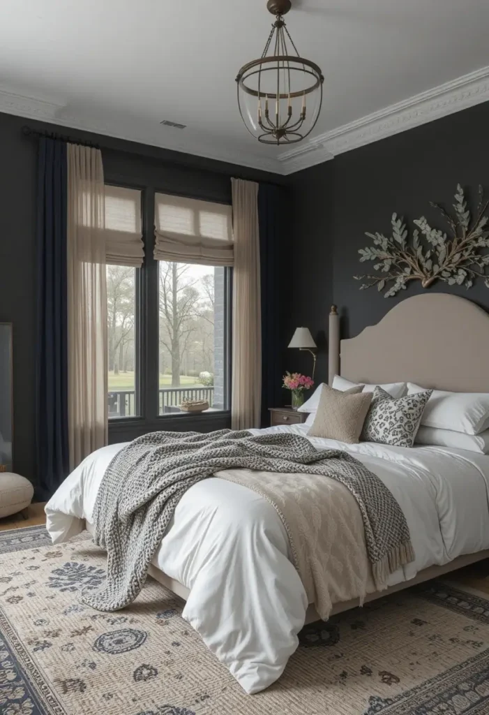 Moody bedroom combining dark and light layers for visual balance.