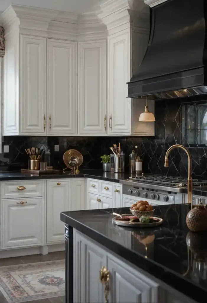 Black countertops with white cabinets and gold fixtures
