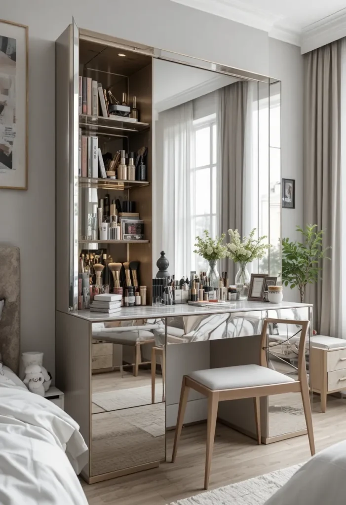 Modern bedroom vanity with mirror storage cabinet for makeup and accessories