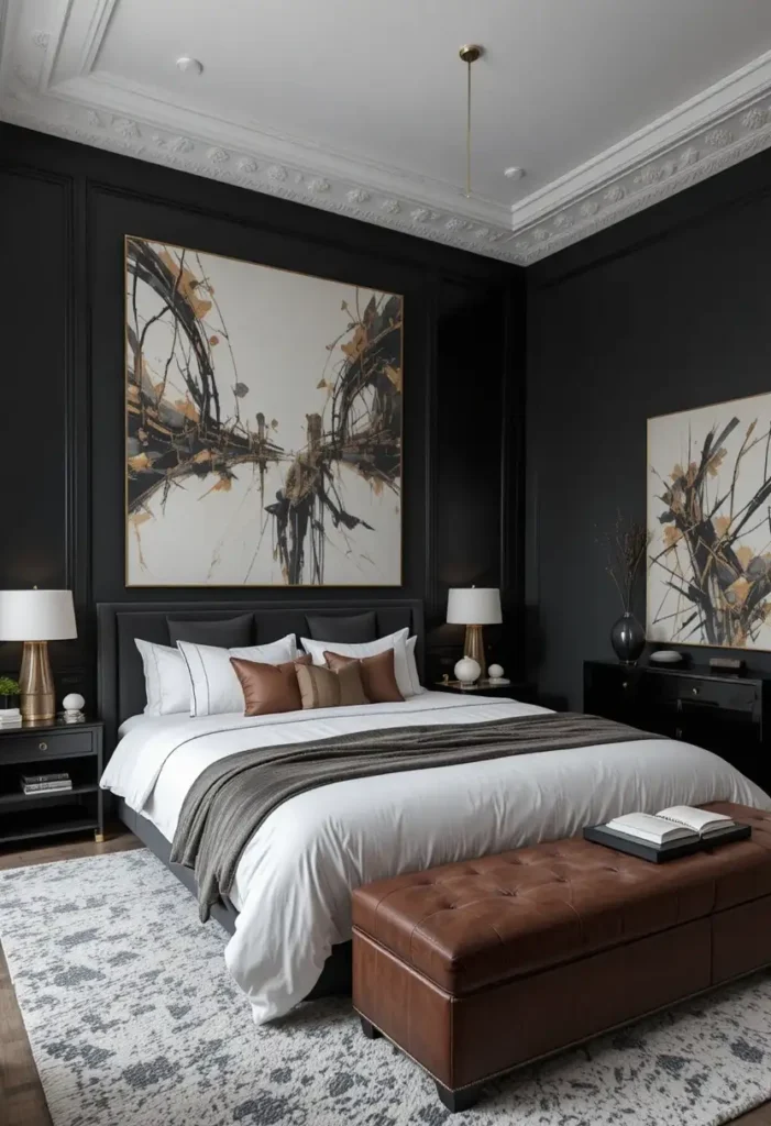 Art-focused black bedroom with statement wall decor