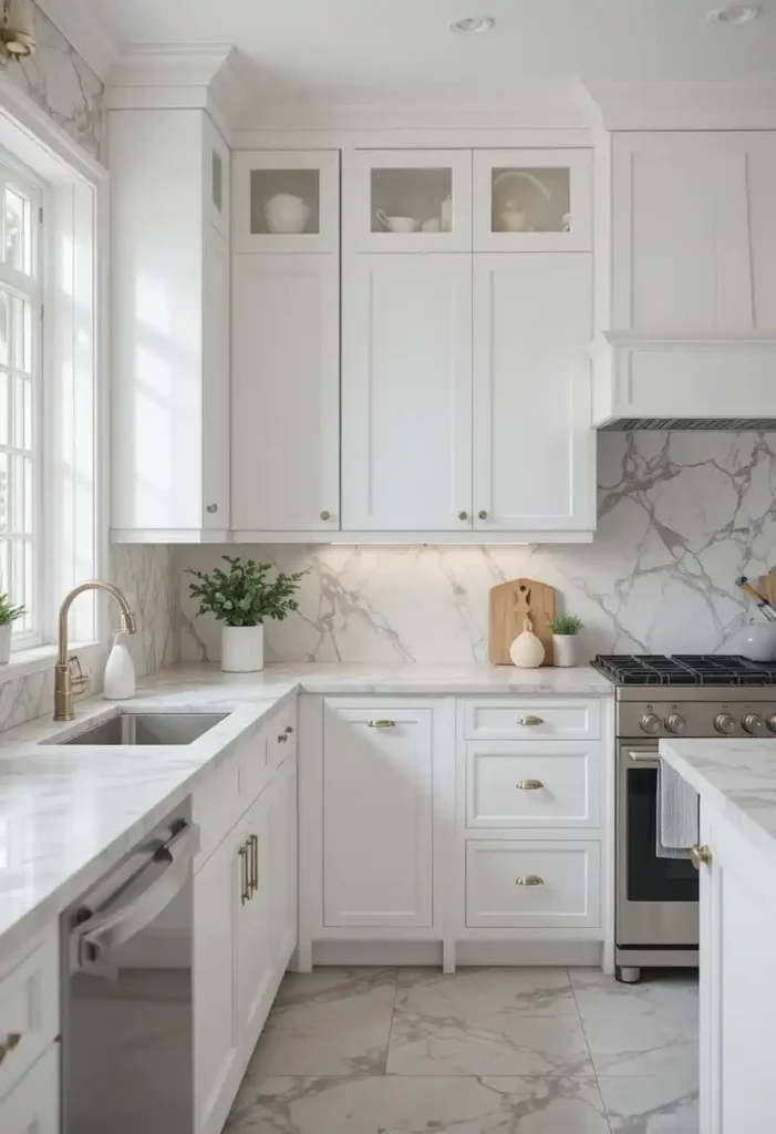 White kitchen featuring marble details