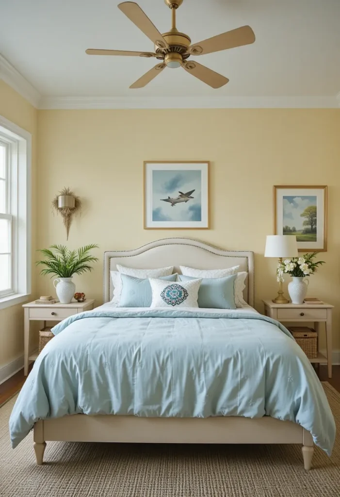 Pastel yellow and blue bedroom with calm, refreshing contrast