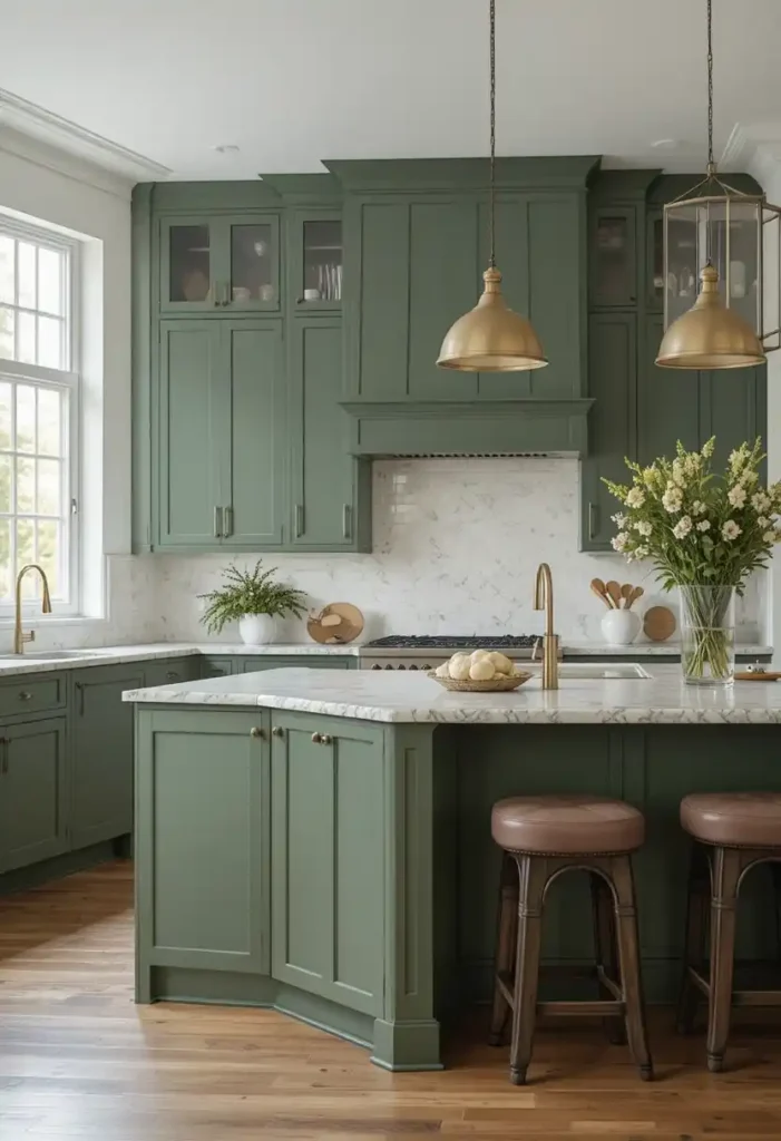 Muted and bold green kitchen cabinets with standout island
