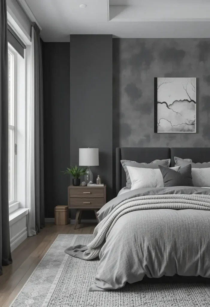 Layered gray bedroom with soft and dark gray tones