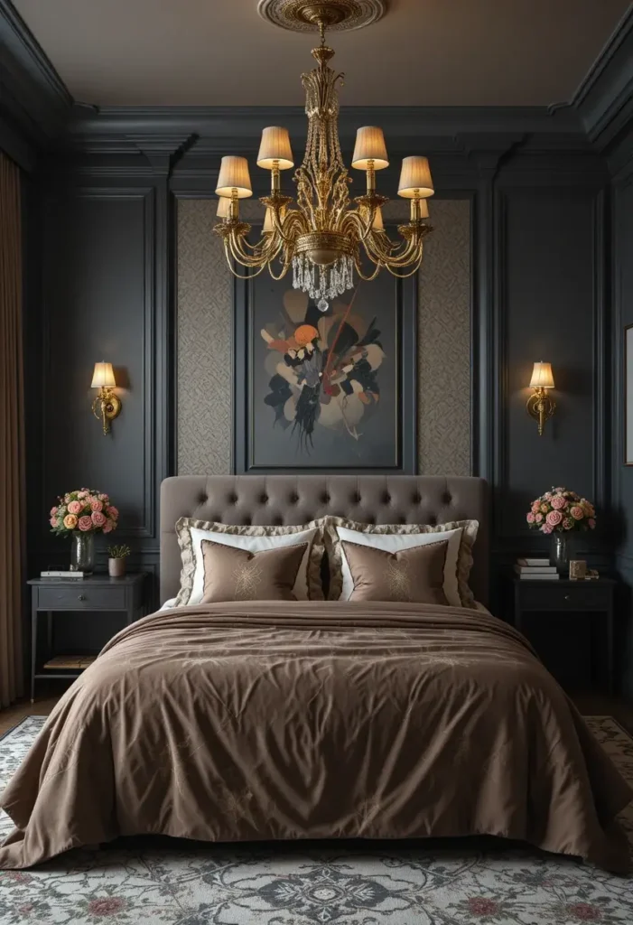 Moody bedroom featuring statement lighting and stylish layered textures.