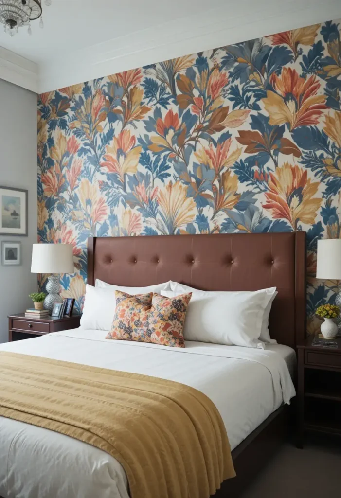 Bold accent wallpaper wall behind bed