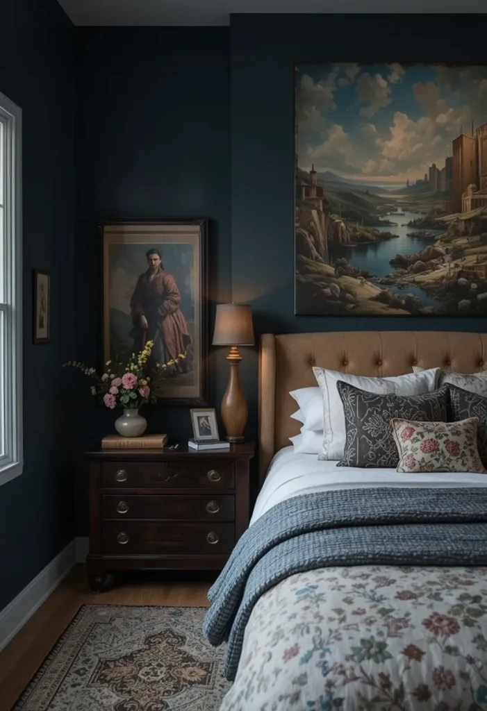 Personalized moody bedroom with stylish décor and functional, cozy design.