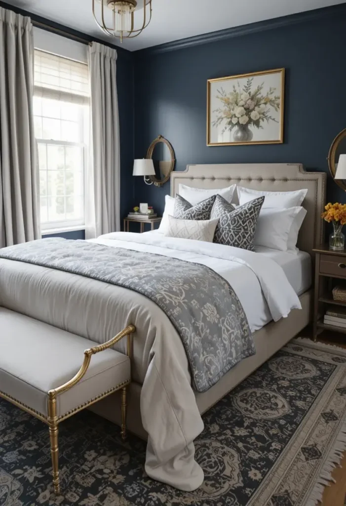 Moody bedroom with deep navy walls and elegant contrasting décor.