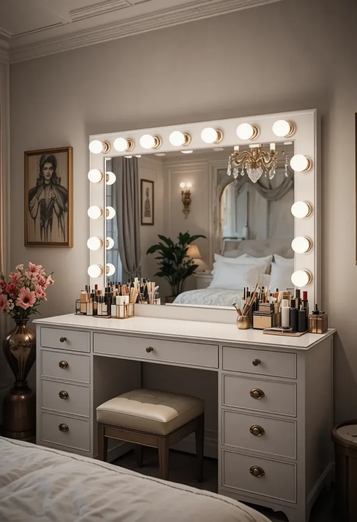 Hollywood-style bedroom vanity with round bulbs providing even lighting