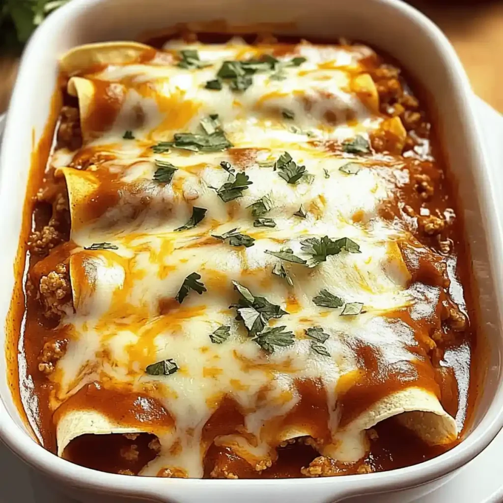 Instructions for ground beef enchiladas with red sauce