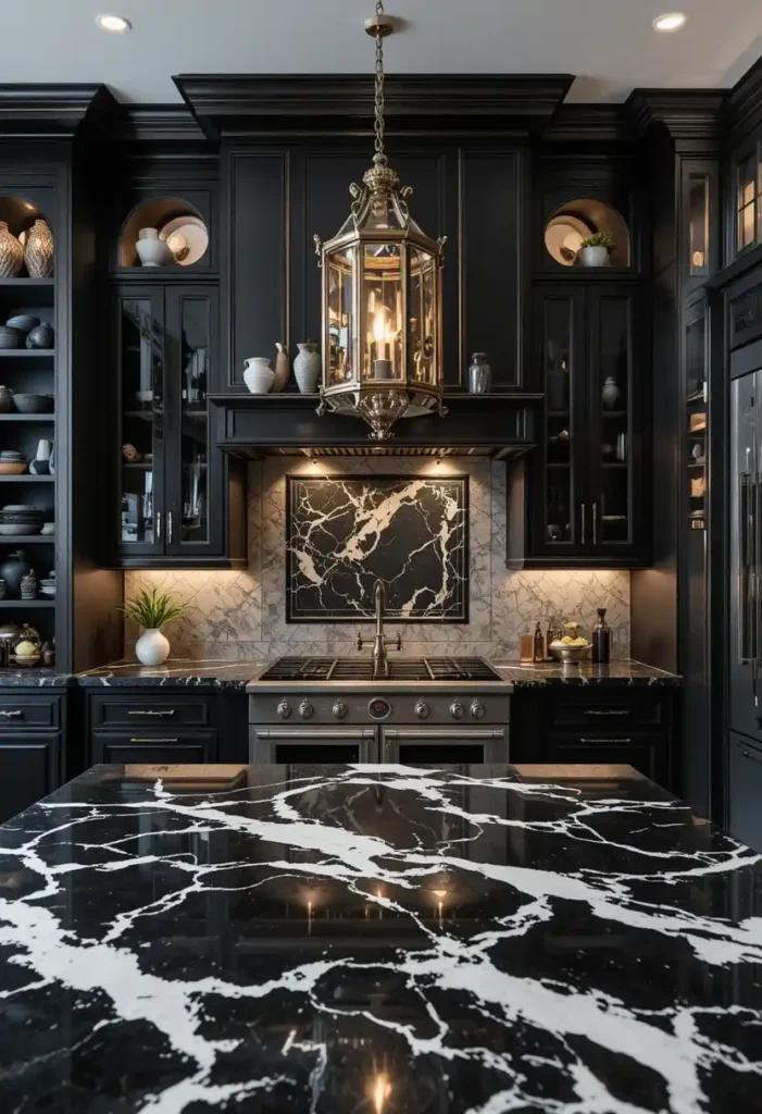 Luxury kitchen featuring black marble countertops