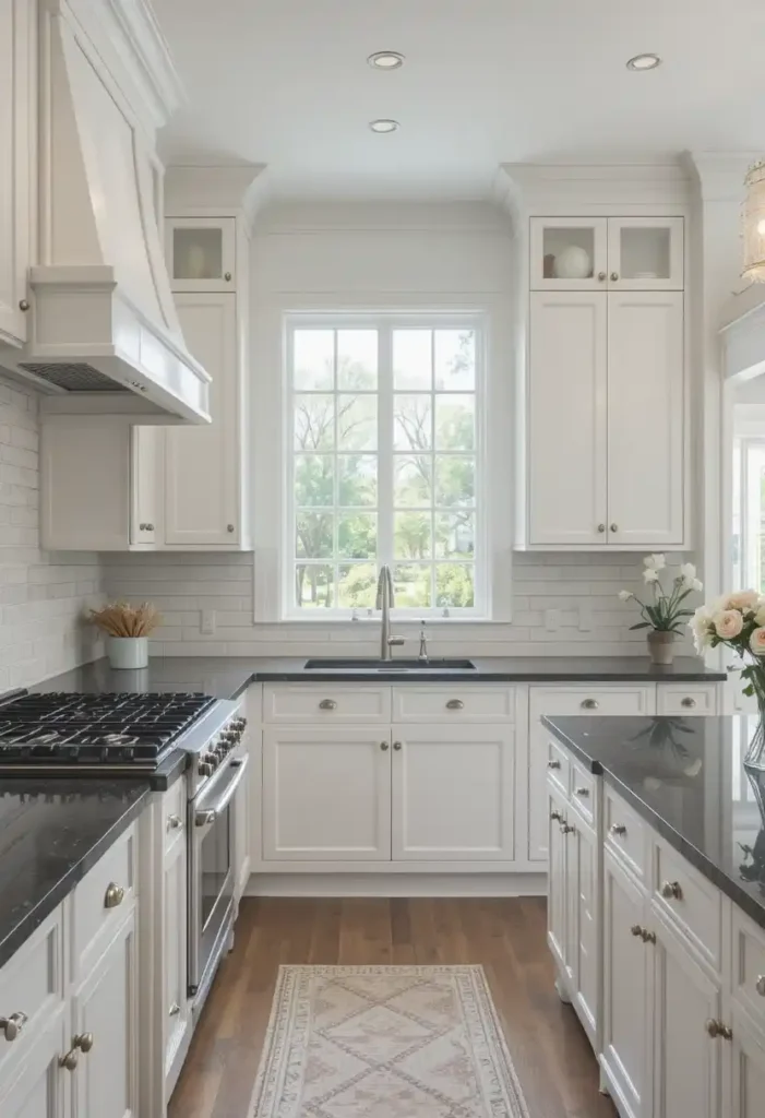 Black granite countertops with white shaker cabinets