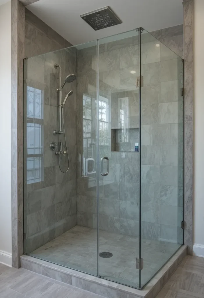 Frameless glass walk-in shower in a modern bathroom.