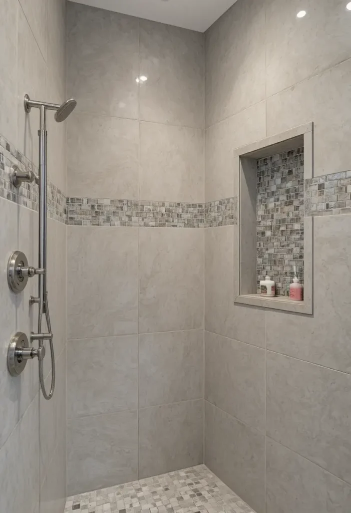 Built-in shower niches for storage in a primary bathroom.