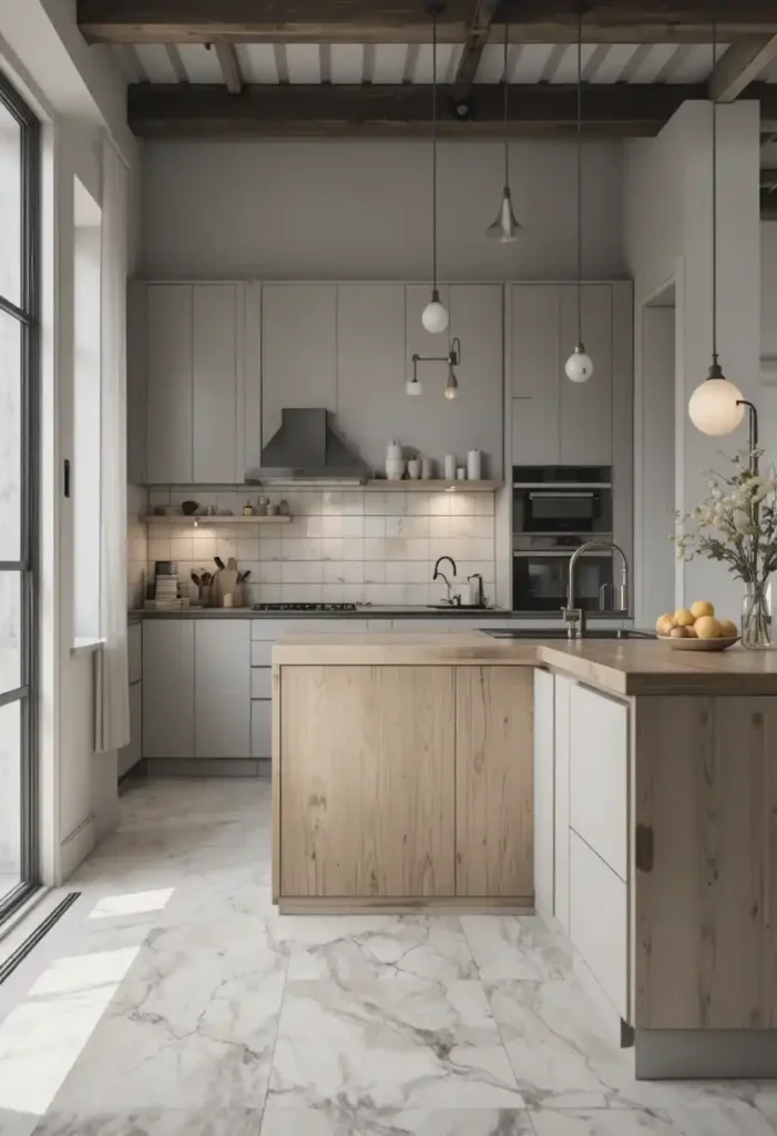 Soft gray kitchen cabinets with wooden island and warm lighting.
