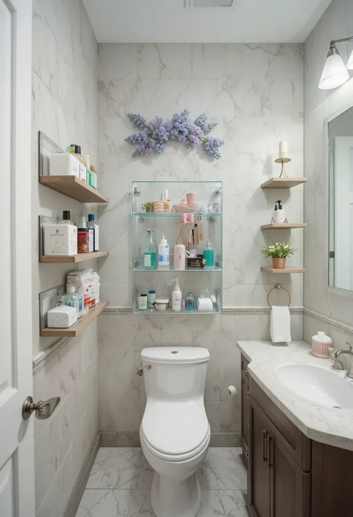 Magnetic and adhesive storage solutions for small bathroom organization.
