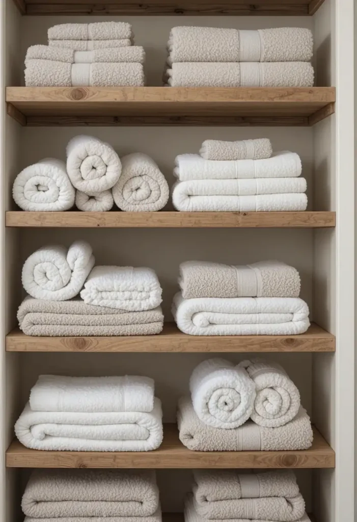 Neutral towels neatly arranged on bathroom shelves and ladder.