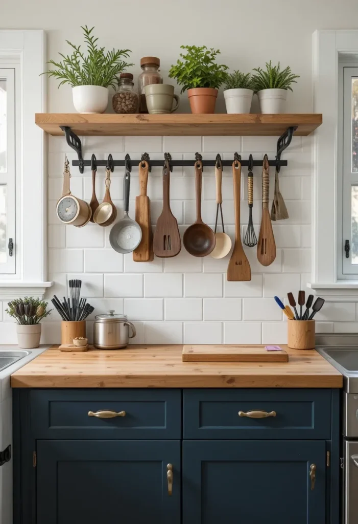 Kitchen hooks and rails for everyday cooking tools