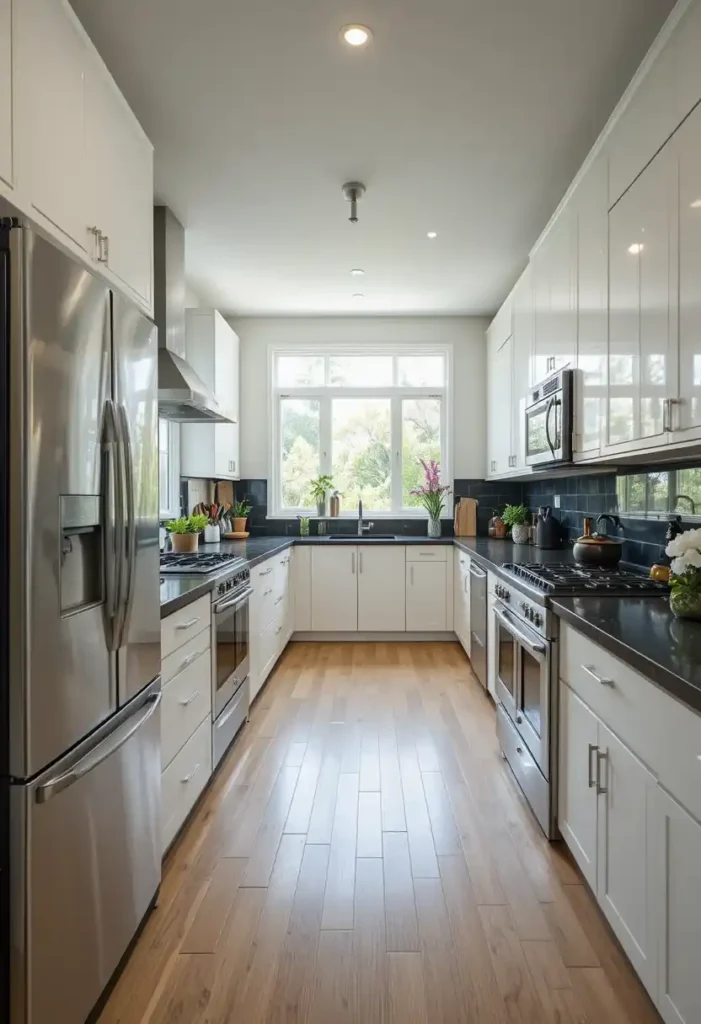 Modern white kitchen with sleek black countertops