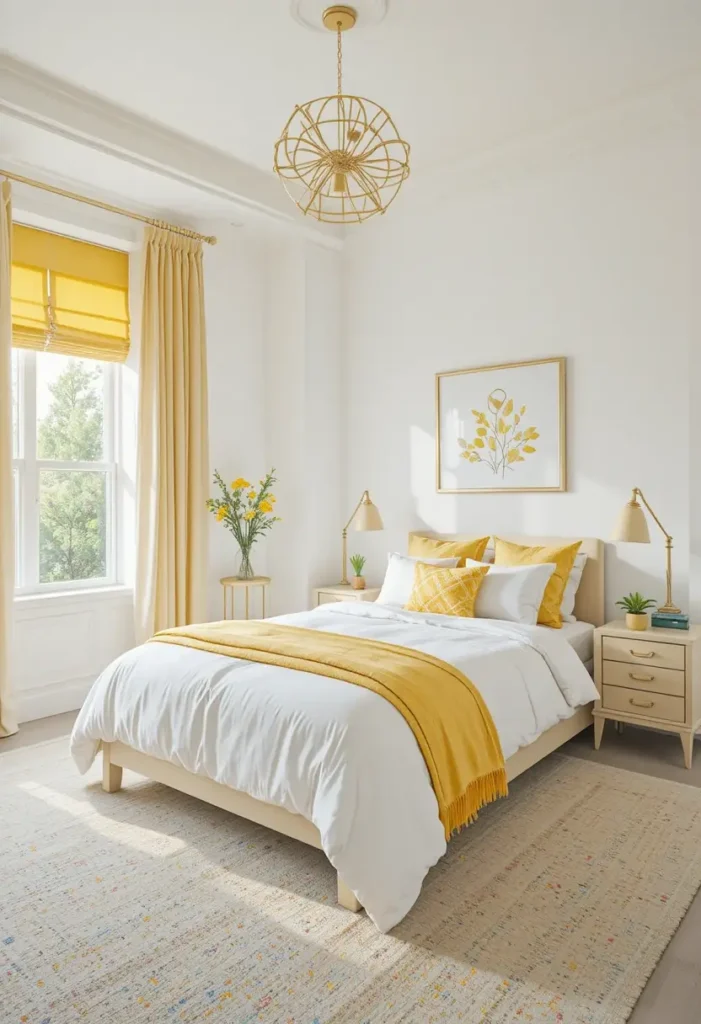 Yellow and white bedroom with airy, fresh, and modern design