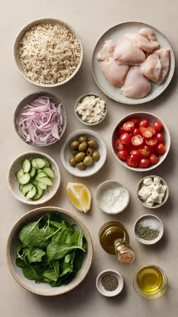 Ingredients for Healthy Greek Chicken & Rice Bowl
