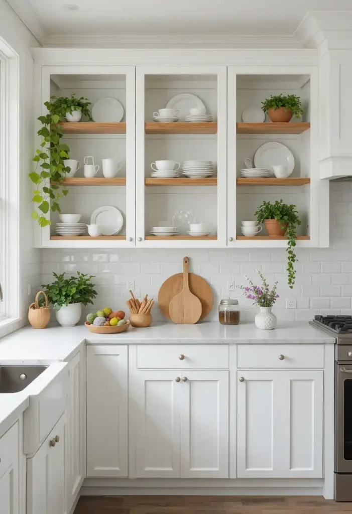 White kitchen with open shelving design