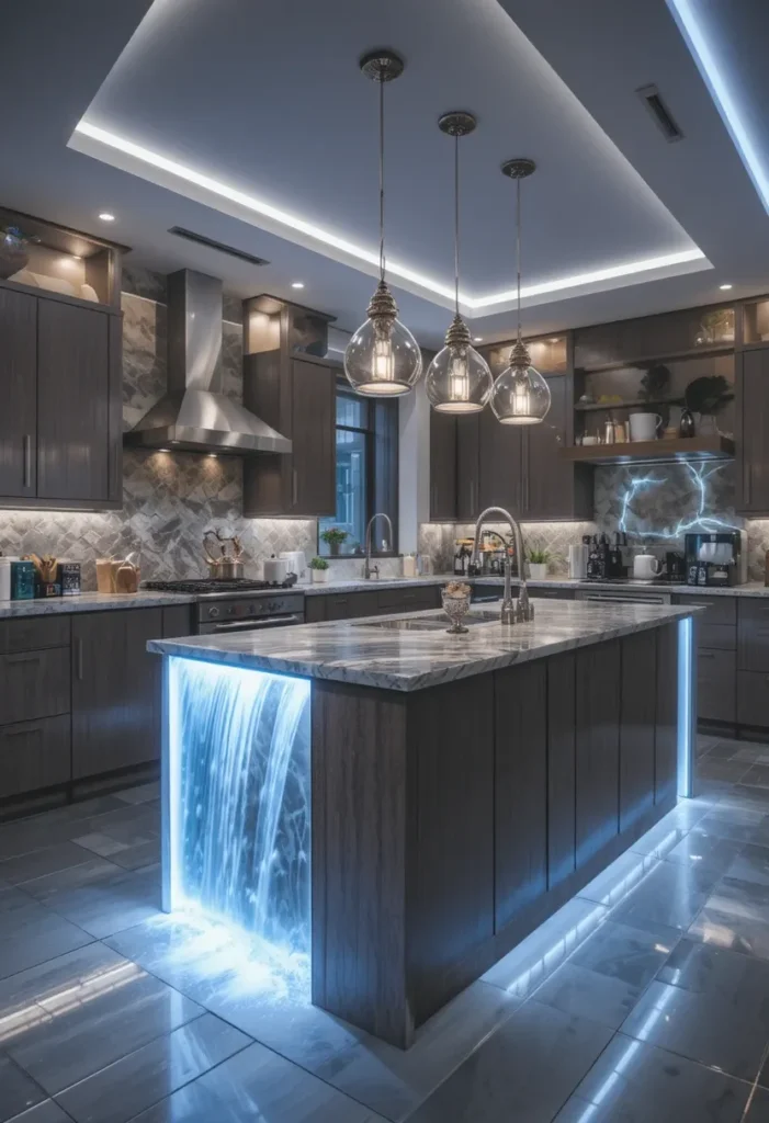Kitchen waterfall island illuminated by pendant and LED lights