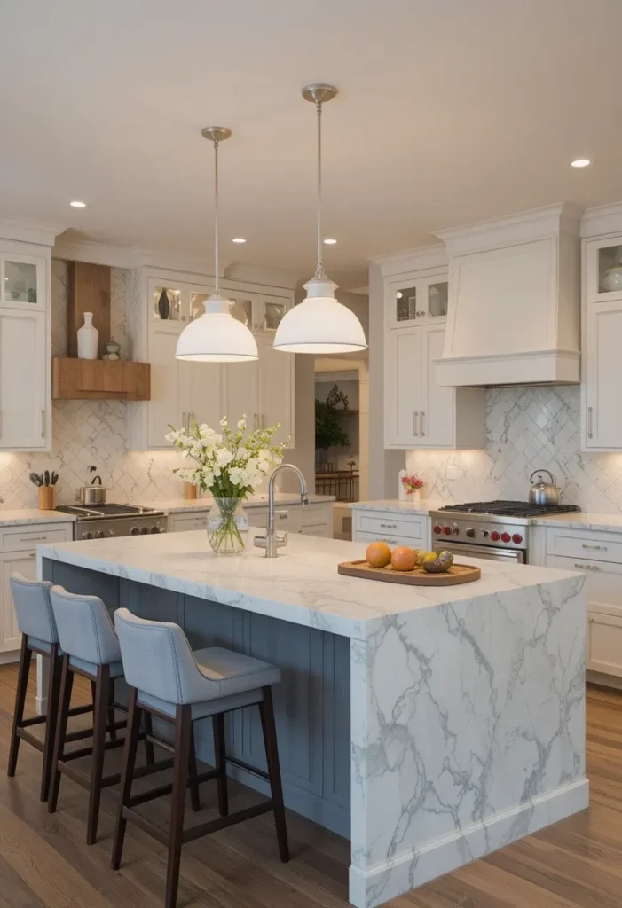 Neutral white kitchen island lighting balanced with warm ambient lights