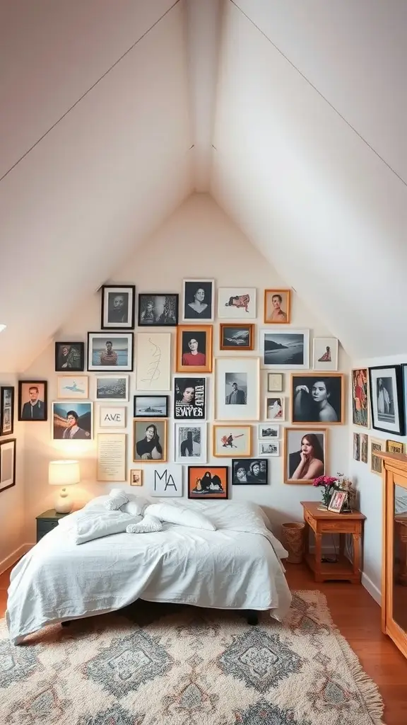 Personal artwork and decor displayed along slanted attic bedroom walls