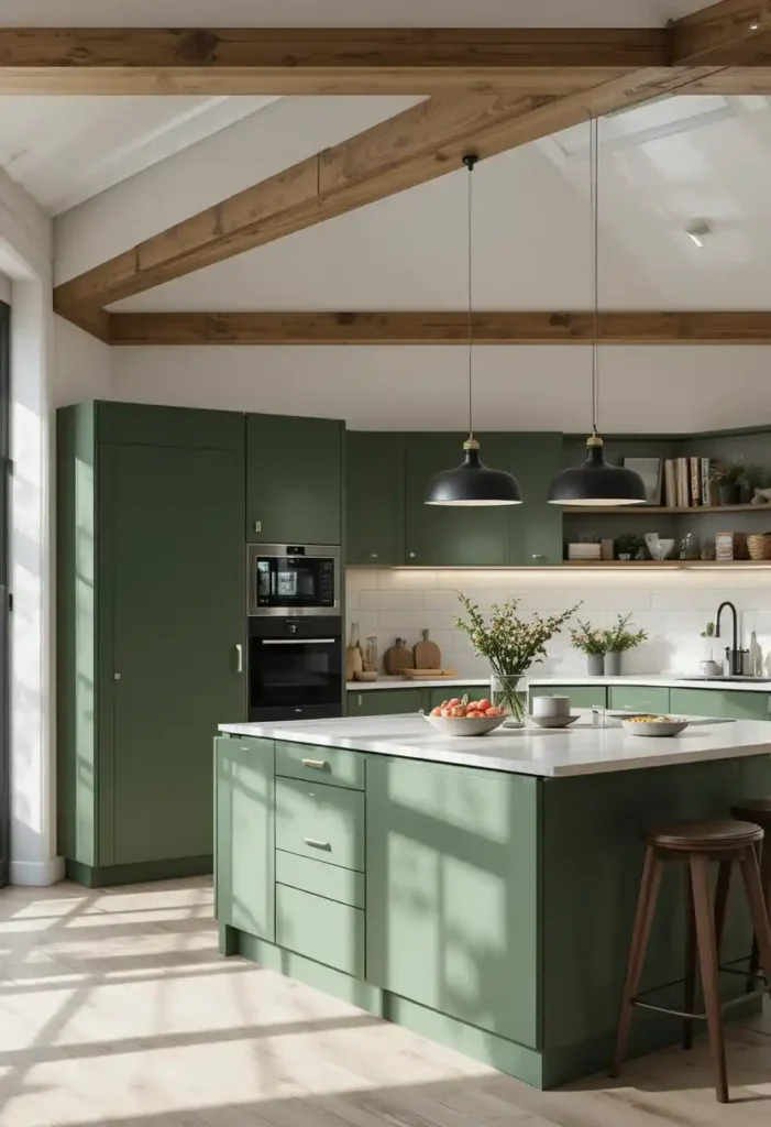 Green kitchen island blending with modern and Scandinavian design