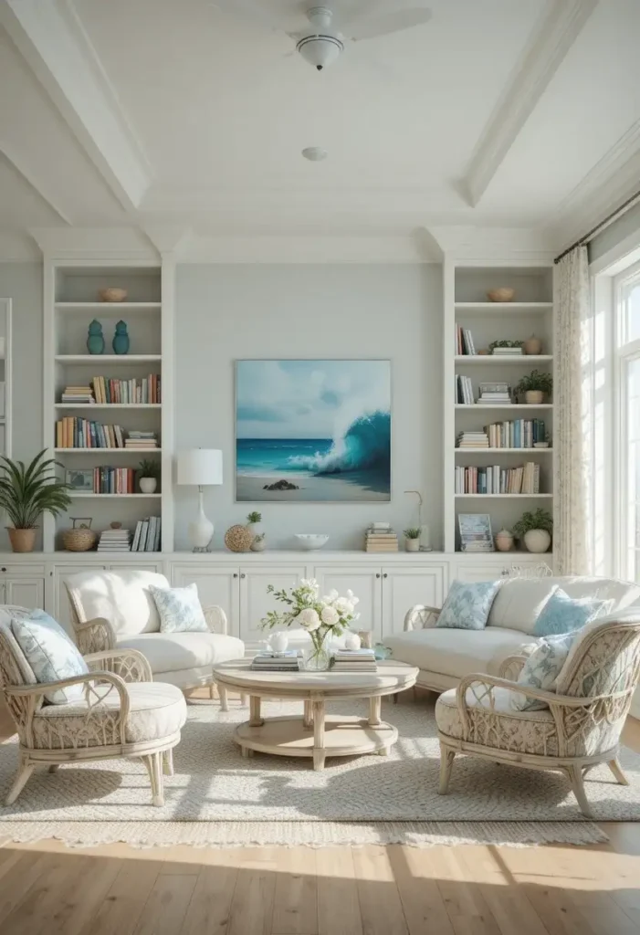 Coastal reading room with light decor, ocean tones, and natural sunlight