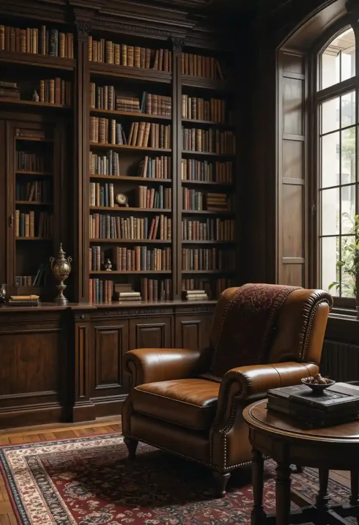 Classic reading room with leather armchair and floor-to-ceiling bookshelves