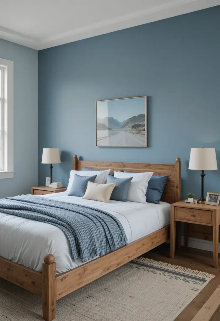 Blue bedroom styled with natural wood furniture