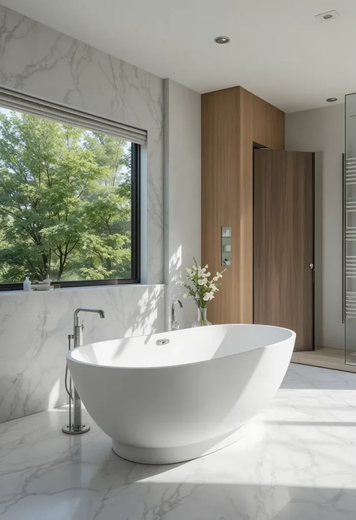 Freestanding bathtub in a bright modern primary bathroom.