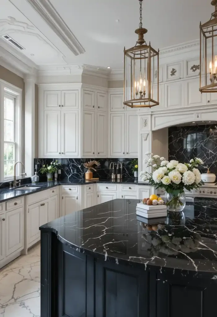 Black marble countertops with white kitchen cabinets