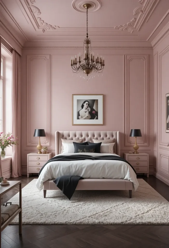 Timeless pink and black bedroom design that remains stylish for years.