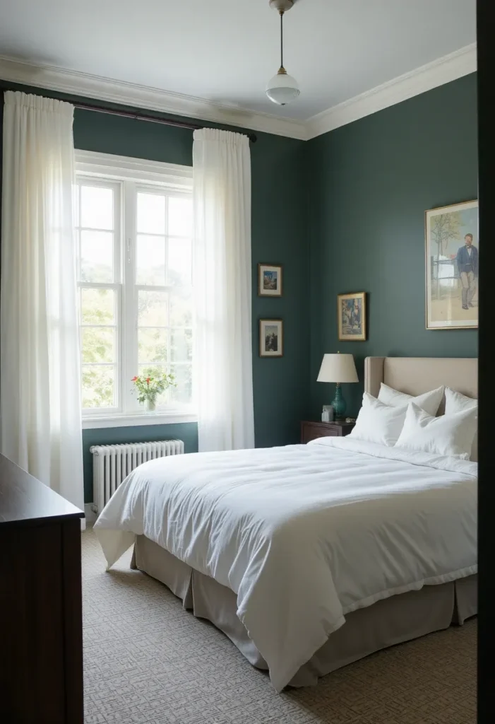 Dark green bedroom with white accents for fresh balance