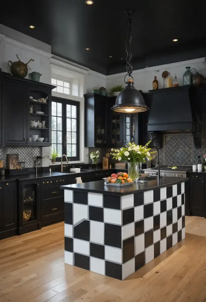 Black countertops with checkerboard kitchen design