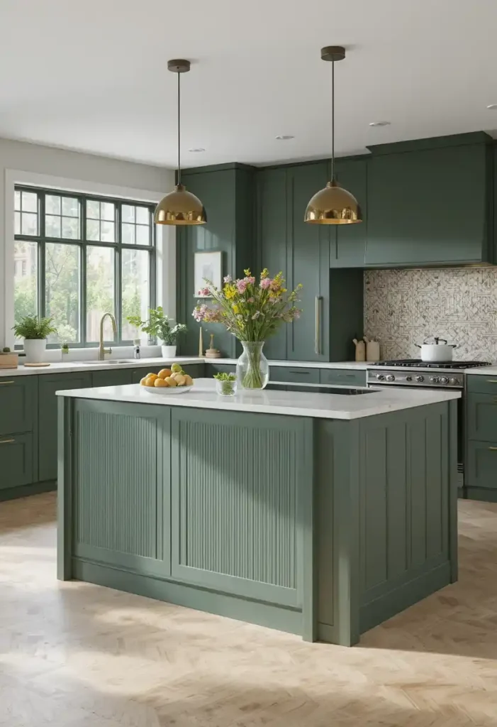 Green kitchen island with textured surfaces and soft finishes