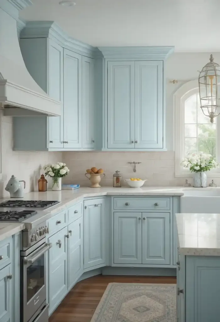 Soft pastel blue kitchen cabinets with white accents and bright light.