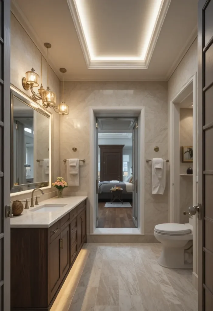 Layered lighting in a primary bathroom with warm tones.