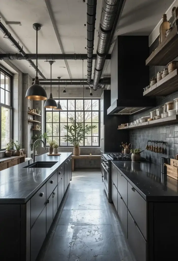 Industrial kitchen featuring black concrete countertops