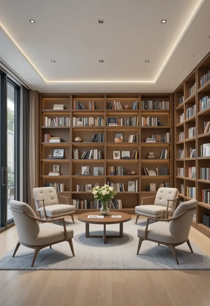 Modern contemporary reading room with minimalist furniture and shelves