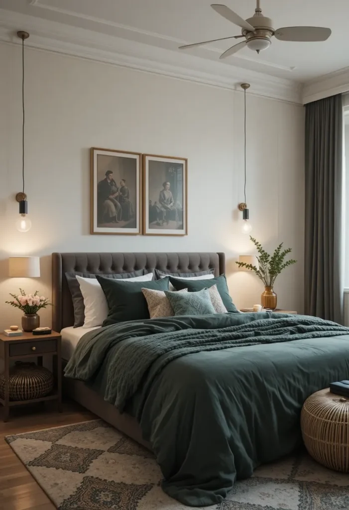 Bedroom with dark green bedding for subtle elegance
