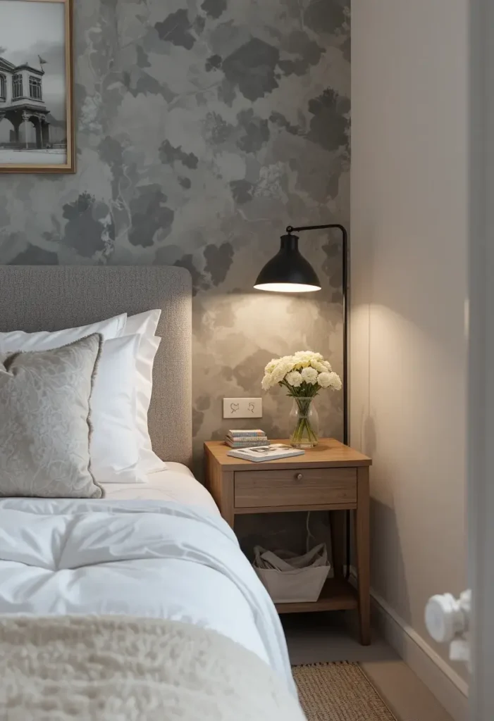 Small bedroom with space-saving stylish table lamp