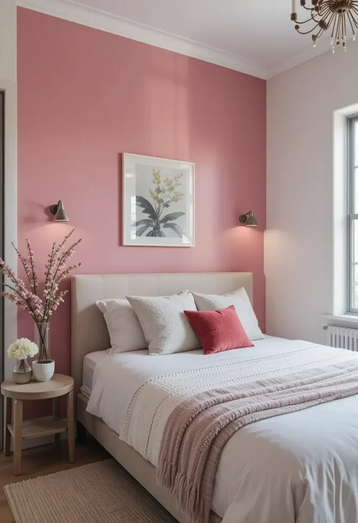 Pink accent wall bedroom decor with balanced neutral tones